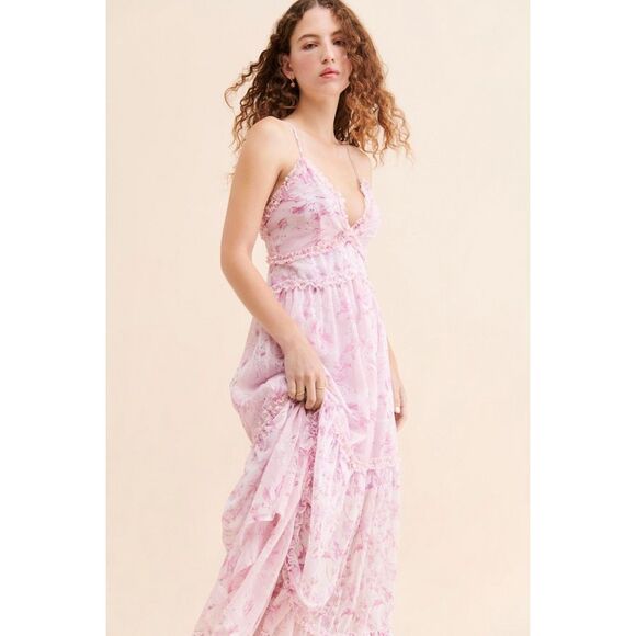 En Elly Ruffled Printed Maxi Dress in Pink Floral Plunge Strappy Cottagecore L - Picture 3 of 16